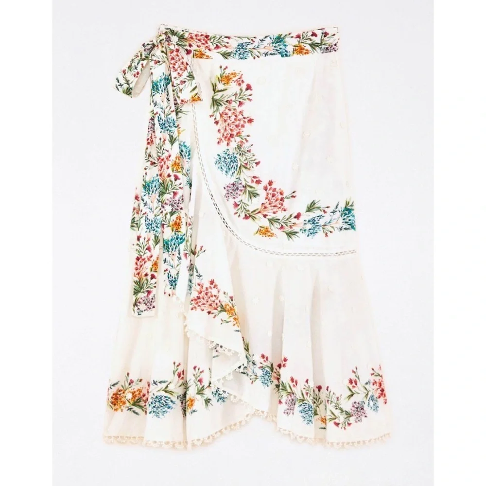 Farm Rio Sz S Louise Wrap Skirt White Floral Midi Ruffle Botanical Print Cotton - Picture 1 of 12